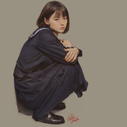 1girl artist_name asian black_serafuku black_shoes blue_sailor_collar blue_serafuku blue_skirt bob_cut brown_eyes brown_hair crossed_arms grey_background hair_behind_ear highres lips loafers long_skirt long_sleeves looking_at_viewer nose original pablo_uchida photorealistic real_life realistic sailor_collar school_uniform serafuku shoes short_hair signature skirt solo squatting tsubasa_hazuki