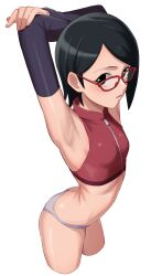 1girl arched_back armpits arms_behind_head arms_up ass black_eyes black_hair boruto:_naruto_next_generations butt_crack crop_top cropped_legs detached_sleeves glasses grey_panties highres naruto_(series) ogi_non panties red-framed_eyewear short_hair simple_background solo thighs uchiha_sarada underwear