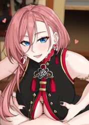 1girl absurdres black_dress black_nails blue_eyes blurry blurry_background blush breasts china_dress chinese_clothes commentary dress earrings english_commentary hair_between_eyes heart highres hololive jewelry kuon_bb long_hair paizuri penis pink_hair smile solo takane_lui tassel tassel_earrings virtual_youtuber