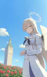 angel_wings black_neckerchief blue_archive capelet clock clock_tower commentary_request dress feathered_wings flower hair_between_eyes hair_flower hair_ornament halo highres long_hair long_sleeves looking_at_viewer mzmch nagisa_(blue_archive) neckerchief outdoors own_hands_together rose_bush tower white_capelet white_dress white_wings wings yellow_eyes