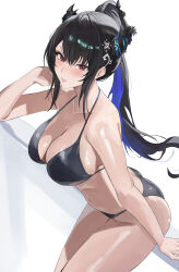 1girl absurdres asymmetrical_horns bikini black_bikini black_hair black_horns blue_hair breasts cleavage cowboy_shot high_ponytail highres hololive horns large_breasts miko_4013 mole mole_under_eye multicolored_hair nerissa_ravencroft ponytail purple_eyes simple_background solo swimsuit two-tone_hair uneven_horns virtual_youtuber white_background