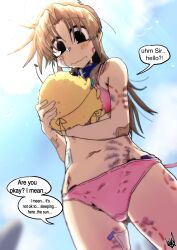 1girl absurdres bandaid bandaid_on_cheek bandaid_on_face belt_collar bikini black_eyes blue_collar blue_sky blurry blurry_foreground bruise collar creature ed-chan_(edkuroki) edkuroki english_text engrish_text from_below gauze gauze_on_arm gauze_on_cheek gauze_on_hip hair_intakes hickey highres holding holding_creature injury light_blush long_hair looking_at_creature messy_hair navel original outdoors pink_bandaid pink_bikini ranguage sidelocks signature sky speech_bubble swimsuit wavy_mouth