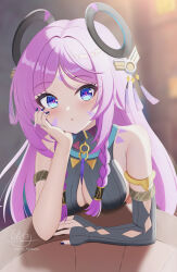 1girl :o absurdres bare_shoulders black_gloves blue_eyes blush breasts citlali_(genshin_impact) cleavage commentary_request facial_mark fingerless_gloves fingernails floating_headgear forehead_mark genshin_impact gloves hand_up head_rest headgear highres hyakuya_iori large_breasts long_hair looking_at_viewer nail_polish partial_commentary pink_hair pink_pupils purple_nails signature single_glove sleeveless_turtleneck_leotard solo triangle triangle_facial_mark twitter_username very_long_hair