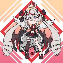 1girl absurdres ahoge angel_wings argyle_background bare_shoulders black_bow black_gloves black_shoes black_skirt blue_brooch bow bowtie bright_pupils chibi commentary demon_horns demon_tail demon_wings detached_sleeves drill_hair english_commentary fang feathered_wings flat_color frilled_skirt frilled_sleeves frills full_body gloves grey_hair hair_between_eyes hair_bow hair_ornament hairclip hands_on_own_hips highres horns huge_ahoge jomun limited_palette long_hair long_sidelocks looking_at_viewer mixed_wings multicolored_eyes multicolored_hair navel phase_connect pleated_skirt pointy_ears quad_drills red_background red_bow red_bowtie red_eyes red_hair remilia_nephys shirt shoes single_thighhigh skin_fang skirt sleeveless sleeveless_shirt smile smug solo straight-on streaked_hair tail thighhighs toon_(style) turtleneck twintails two-tone_eyes very_long_sidelocks virtual_youtuber white_background white_pupils white_wings wide_sleeves wings
