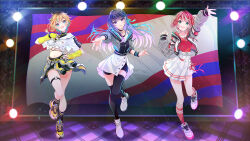 3girls blonde_hair blue_eyes blue_hair fingerless_gloves gloves gradient_hair hair_ribbon highres idolmaster idolmaster_va-liv jacket kamizuru_cosmo letora_(idolmaster) long_hair long_sleeves looking_at_viewer multicolored_hair multiple_girls muto_(n0sug4r) open_mouth purple_eyes purple_hair red_hair red_shirt ribbon shirt short_hair skirt smile tomori_manaka two-tone_hair virtual_youtuber white_hair