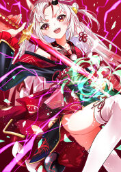 :d absurdres bell black_kimono double_bun electricity feet_out_of_frame frilled_sleeves frills gradient_hair hair_bell hair_bun hair_ornament highres hiyashinssu holding holding_sword holding_weapon hololive horns japanese_clothes jingle_bell katana kimono kouhaku_nawa long_hair long_sleeves magic mask mask_on_head multicolored_hair nakiri_ayame nakiri_ayame_(1st_costume) off_shoulder oni_mask open_mouth red_eyes red_hair red_kimono rope sheath shimenawa short_kimono side_up_bun skin-covered_horns sleeveless sleeveless_kimono smile streaked_hair sword tassel tassel_hair_ornament teeth thighhighs two_side_up unsheathing upper_teeth_only v-shaped_eyebrows virtual_youtuber weapon white_hair white_thighhighs