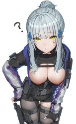 1girl ? black_gloves breasts breasts_out commentary fingerless_gloves girls&#039;_frontline girls&#039;_frontline_2:_exilium gloves green_eyes grey_hair grey_thighhighs highres hk416_(girls&#039;_frontline) klukai_(girls&#039;_frontline_2) long_hair nipples ponytail ringobatake sidelocks simple_background skindentation thighhighs white_background