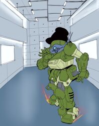black_hat hat jamiroquai kin-san_(sasuraiga) looking_at_viewer mecha open_hand parody radio_antenna robot science scopedog skating solo soukou_kihei_votoms virtual_insanity