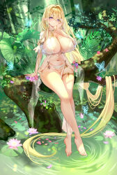 Rule 34 | 1girl, absurdly long hair, absurdres, akusamu, azur lane, barefoot, blonde hair, branch, breasts, cleavage, commentary request, elf, forest, full body, gouden leeuw (azur lane), hand on own cheek, hand on own face, highres, huge breasts, jungle, long hair, looking at viewer, nature, outdoors, pelvic curtain, pointy ears, pubic tattoo, purple eyes, revealing clothes, see-through clothes, see-through pelvic curtain, sitting on branch, solo, tattoo, very long hair, water