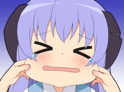 &gt;_&lt; 2girls blue_background blue_vest blush cheek_pull closed_eyes collared_shirt facing_viewer furude_rika gaou_(babel) gradient_background hanyuu higurashi_no_naku_koro_ni horns japanese_clothes kimono long_hair multiple_girls open_mouth portrait purple_background purple_hair shirt solo_focus tears vest white_shirt