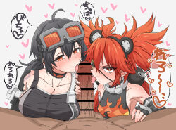 1boy 2girls ahoge bar_censor black_hair blush breasts censored cleavage commentary_request cooperative_fellatio fellatio ffm_threesome fingerless_gloves gloves goggles goggles_on_head grace_howard group_sex heart hetero koleda_belobog large_breasts licking licking_penis looking_at_viewer mocigome02 multiple_girls open_mouth oral penis pov pov_crotch red_eyes red_hair small_breasts teamwork_(sexual) testicles threesome tongue tongue_out twintails zenless_zone_zero