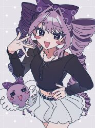 1girl :d belt belt_buckle black_belt black_shirt blush_stickers bow buckle character_request collarbone commentary_request danjou_sora dotted_line drill_hair grey_background grey_eyes grey_skirt grid_background hair_between_eyes hair_bow hand_on_own_hip highres long_sleeves nail_polish open_mouth personification pleated_skirt purple_bow purple_hair purple_nails shirt simple_background skirt smile sparkle_background tamagotchi tamagotchi_(creature) twin_drills twintails