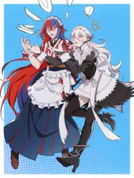 2girls accident female_alear_(fire_emblem) alternate_costume apron blue_hair clumsy female_corrin_(fire_emblem) cosplay crossed_bangs felicia_(fire_emblem) felicia_(fire_emblem)_(cosplay) fire_emblem fire_emblem_engage fire_emblem_fates frilled_apron frills heterochromia highres long_hair maid maid_apron maid_headdress multicolored_hair multiple_girls nintendo pointy_ears red_eyes red_hair seirorath split-color_hair tiara two-tone_hair very_long_hair waist_apron white_apron white_hair