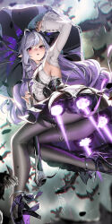 1girl ass blush breasts detached_sleeves dress from_below headdress highres liang_xing long_hair looking_at_viewer looking_down open_mouth pantyhose pointy_ears purple_hair red_eyes solo umbrella upskirt very_long_hair vivian_(zenless_zone_zero) zenless_zone_zero