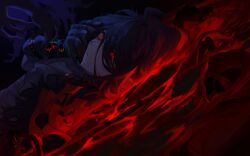 Rule 34 | 1boy, baiye renxing, black hair, character request, dark, dark background, dungeon and fighter, dutch angle, eyes visible through hair, glowing, glowing eyes, hair over one eye, hand on own head, hand up, highres, looking at viewer, lying, male focus, on back, red eyes, red light, solo