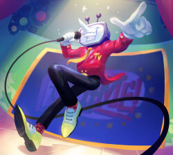 1boy :d ant_tenna black_pants commentary deltarune english_commentary full_body gloves holding holding_microphone indoors male_focus marineflames microphone necktie object_head open_mouth pants pointy_nose shoes smile sparkle spotlight stage tailcoat teeth television white_gloves yellow_necktie yellow_shoes