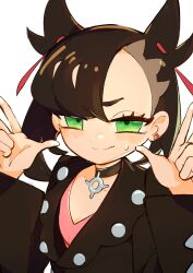 1girl absurdres asymmetrical_bangs black_hair closed_mouth commentary_request earrings eyelashes green_eyes hair_ribbon hands_up highres jacket jewelry long_sleeves looking_at_viewer marnie_(pokemon) nintendo orion_(user_cayz7348) pokemon pokemon_swsh red_ribbon ribbon smile solo sweatdrop twintails upper_body