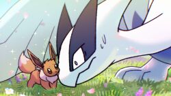 black_eyes bright_pupils brown_eyes closed_mouth commentary creatures_(company) day eevee english_commentary flower game_freak gen_1_pokemon gen_2_pokemon grass legendary_pokemon licking licking_another&#039;s_face lugia nintendo no_humans outdoors petals pokemon pokemon_(creature) sifyro signature size_difference sparkle sweat tongue tongue_out white_flower white_pupils