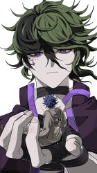 2boys black_choker black_gloves black_hair brown_jacket brown_pants choker facial_mark fingerless_gloves gloves green_hair hair_between_eyes heoli_(dangan_waist) highres holding holding_mini_person hood hooded_jacket jacket looking_at_another male_focus master_detective_archives:_rain_code mini_person miniboy multicolored_hair multiple_boys pants purple_eyes purple_jacket size_difference streaked_hair vivia_twilight yakou_furio