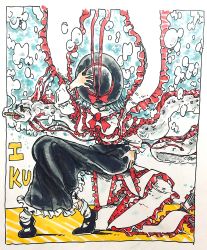 1girl ascot black_hat black_shoes blouse capelet character_name covered_face eel fish frilled_shirt_collar frills hat hat_ribbon highres marker_(medium) morisshii_(morishiey) nagae_iku oarfish ribbon shirt shoes smoking socks solo touhou traditional_media underwater white_shirt white_socks
