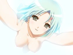 1girl arai_ruka arms_up ars_magna blush breasts female_focus game_cg grey_eyes koutaro nipples nude outstretched_arms short_hair silver_hair simple_background smile solo spread_arms