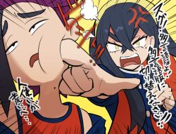 Rule 34 | 1boy, 1girl, anger vein, black hair, brother and sister, carmine (pokemon), cheek poking, clenched hand, commentary request, crossed bangs, eyelashes, hair between eyes, hairband, highres, jacket, kieran (pokemon), long hair, mole, mole on neck, mole under eye, multicolored hair, nintendo, open mouth, pointing, pokemon, pokemon sv, poking, puff of air, purple hair, red hair, red tank top, siblings, spicyichizo, tank top, translation request, upper body, yellow eyes, yellow hairband