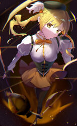 1girl absurdres beret black_gloves blonde_hair boots brown_boots brown_thighhighs corset detached_sleeves fingerless_gloves gloves hair_ornament hairpin hat head_tilt highres long_hair magical mahou_shoujo_madoka_magica pleated_skirt sitonomea skirt soul_gem striped_clothes striped_thighhighs thighhighs tomoe_mami tomoe_mami_(magical_girl) vertical-striped_clothes vertical-striped_thighhighs walking yellow_eyes