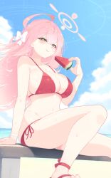 Rule 34 | + +, 1girl, ahoge, bare shoulders, bikini, blue archive, blush, bow, braid, breasts, cleavage, closed mouth, cloud, collarbone, commentary, day, eating, fingernails, food, fruit, green eyes, hair between eyes, hair bow, halo, hanako (blue archive), highres, holding, holding food, holding fruit, holding watermelon, large breasts, long hair, mole, mole on thigh, navel, ocean, outdoors, parsleyshrimp, pink bikini, pink hair, pink halo, pink nails, pink sandals, red bikini, ribbon, sandals, side-tie bikini bottom, sitting, smile, solo, stomach, swimsuit, thighs, watermelon, watermelon slice, white bow, white ribbon, wrist ribbon