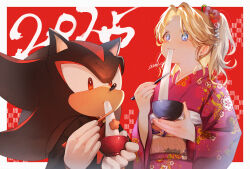 1boy 1girl 2025 adversarial_noise black_fur blonde_hair blue_eyes blush border bowl closed_mouth eating food furry furry_male highres holding holding_bowl japanese_clothes kimono leaning_back long_sleeves maria_robotnik mochi mochi_trail new_year ponytail red_background red_eyes red_kimono shadow_the_hedgehog signature simple_background smile sonic_(series) tondamanuke upper_body white_background wide_sleeves zouni_soup