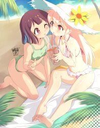 2girls bare_shoulders beach bikini blue_hair breasts bright_pupils brown_eyes brown_hair commentary cup danmakuman drinking_straw english_commentary frilled_bikini frills green_bikini hair_ornament hat highres holding holding_cup hozuki_momiji jewelry kneeling long_hair looking_at_another multicolored_hair multiple_girls necklace ocean one_eye_closed onii-chan_wa_oshimai! oyama_mahiro palm_tree pink_bikini pink_hair red_eyes sitting small_breasts sun_hat swimsuit tree white_pupils