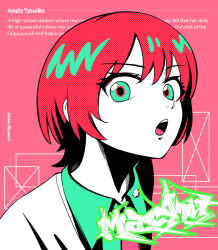 1girl :o amate_yuzuriha character_name commentary copyright_name english_text green_eyes green_shirt gundam gundam_gquuuuuux highres itsumeee3 limited_palette looking_at_viewer open_mouth pink_background portrait red_eyes red_hair shirt short_hair solo teeth upper_teeth_only