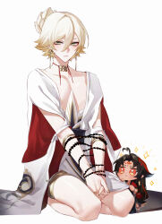 2boys absurdres asura_(onmyoji) bishounen black_hair blonde_hair chibi closed_mouth commentary earrings eyeliner facial_mark full_body green_eyes highres jewelry konsai_2 looking_at_another makeup male_focus multicolored_hair multiple_boys onmyoji red_eyeliner red_hair seiza short_hair simple_background sitting skinny streaked_hair symbol-only_commentary taishakuten_(onmyoji) thighs trap two-tone_hair white_background