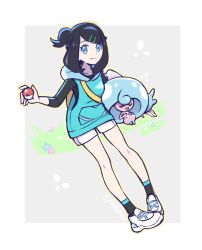 Rule 34 | 1girl, black hair, black shirt, black socks, blue eyes, border, closed mouth, commentary request, eyelashes, gen 8 pokemon, grey background, hair ornament, hairclip, hand up, hattrem, highres, holding, holding poke ball, hood, hood down, hooded vest, hoodie, knees, liko (pokemon), medium hair, nintendo, outside border, pigeon-toed, poke ball, poke ball (basic), pokemon, pokemon (anime), pokemon (creature), pokemon horizons, shirt, shoes, shorts, smile, socks, swept bangs, vest, white border, white shoes, white shorts, yibuzhai