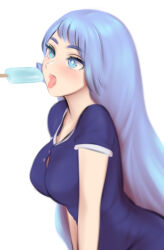 1girl blue_dress blue_eyes blue_hair blush boku_no_hero_academia breasts commentary dress english_commentary fellatio food hado_nejire highres large_breasts long_hair open_mouth oral phallic_symbol popsicle sexually_suggestive short_sleeves shpo simple_background simulated_fellatio solo tongue tongue_out white_background