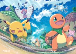 alakazam antennae black_eyes bright_pupils brown_eyes butterfree charizard charmander cloud colored_sclera commentary day diglett fangs forehead_jewel gen_1_pokemon gen_2_pokemon gen_3_pokemon gengar green_eyes highres holding lombre magnemite nintendo no-goku_(penicillium) no_humans open_mouth persian_(pokemon) pikachu pokemon pokemon_(creature) pokemon_mystery_dungeon red_eyes smile snubbull tail tree tyranitar white_pupils wings yellow_sclera