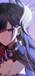 1girl bead_necklace beads blue_eyes blue_pupils breasts cleavage collar cracked_skin head_ornament highres honkai:_star_rail honkai_(series) hysilens_(honkai:_star_rail) jewelry necklace pearl_necklace solo upper_body xingyuan528