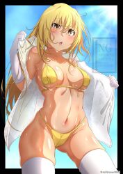1girl bikini blonde_hair blue_sky breasts commentary covered_erect_nipples elbow_gloves gloves gluteal_fold gold_bikini hair_between_eyes highres large_breasts long_hair looking_at_viewer navel open_clothes open_mouth open_shirt outdoors railtracer8888 shiny_skin shirt shokuhou_misaki sky solo sparkling_eyes sun sweat swimsuit thighhighs toaru_kagaku_no_mental_out toaru_kagaku_no_railgun toaru_majutsu_no_index twitter_username white_gloves white_shirt white_thighhighs yellow_eyes