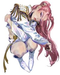 Rule 34 | 1girl, boots, cropped jacket, indigonna, jacket, knee boots, kpop demon hunters, long bangs, long hair, looking at viewer, mira (kpop demon hunters), pink hair, solo, twintails, white boots, white jacket