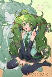 1girl arm_tattoo black_boots blush boots cable character_name chibi detached_sleeves gradient_background green_eyes green_hair green_necktie hareeangkki hatsune_miku highres kneeling long_hair necktie number_tattoo open_mouth pleated_skirt skirt tattoo thigh_boots twintails very_long_hair vocaloid zoom_layer