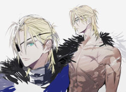 1boy abs bare_pectorals black_fur blonde_hair blue_cape blue_eyes cape closed_mouth collarbone dimitri_alexandre_blaiddyd dimitri_alexandre_blaiddyd_(timeskip) eyepatch fire_emblem fire_emblem:_three_houses fur-trimmed_cape fur_trim looking_ahead looking_to_the_side male_focus medium_hair multiple_views muscular muscular_male nintendo one_eye_covered pectorals profile scar scar_on_arm scar_on_chest sideburns sideways_glance simple_background topless_male tsukimura_noe white_background white_fur