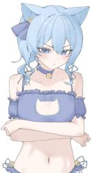 1girl animal_costume animal_ears arms_under_breasts bell blue_choker blue_eyes blue_hair blush cat_cutout cat_ears cat_girl cat_lingerie choker cleavage_cutout clothing_cutout crossed_arms embarrassed flat_chest hair_between_eyes hololive hoshimachi_suisei jingle_bell kemonomimi_mode looking_at_viewer meme_attire midriff neck_bell panties raeis side-tie_panties simple_background solo underwear virtual_youtuber white_background