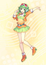1girl arm_up bare_legs belt boots brooch frilled_skirt frills full_body goggles goggles_on_head green_eyes green_hair green_skirt green_tube_top gumi gumi_(ai_megpoid) hand_in_own_hair hand_up headphones high_heels highres jacket jewelry layered_skirt looking_at_viewer medium_hair nou_(nounknown) official_art open_mouth orange_boots orange_jacket orange_skirt outstretched_arm pleated_skirt red_goggles shirt sidelocks skirt smile solo strapless teeth third-party_source tube_top upper_teeth_only vocaloid yellow_background yellow_shirt