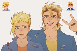 1boy black_nails blonde_hair blue_jacket ear_piercing green_eyes highres jacket jewelry male_focus medium_hair mk/ret mullet multiple_views orange_shirt piercing plug_(piercing) prototype_design sam_(stardew_valley) shirt smile spiked_hair sprite stardew_valley tongue tongue_out torn_clothes torn_jacket upper_body white_background yellow_shirt