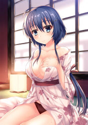 1girl ahoge blue_eyes blue_hair blush breasts cleavage closed_mouth collarbone commentary_request floral_print hair_between_eyes hand_on_own_chest indoors japanese_clothes kimono kmcgold30 lantern large_breasts long_hair long_sleeves looking_at_viewer mole mole_under_eye no_bra off_shoulder open_clothes panties paper_lantern red_panties setouchi_chie sitting smile solo tatami toji_no_miko underwear very_long_hair wet wide_sleeves window yukata
