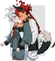 2girls animal_ears asticassia_school_uniform baesong black_hairband black_pantyhose blush cat_ears cat_girl cat_tail closed_eyes closed_mouth clothes_pull commentary_request dark-skinned_female dark_skin dog_ears dog_girl dog_tail flying_sweatdrops green_jacket green_shorts grey_background grey_eyes gundam gundam_suisei_no_majo hairband heart hug hug_from_behind jacket kemonomimi_mode kiss kissing_neck korean_commentary long_hair miorine_rembran multiple_girls necktie pantyhose ponytail red_hair red_necktie school_uniform shirt_pull shorts suletta_mercury tail tail_around_another&#039;s_leg tail_wrap thick_eyebrows two-tone_background white_background white_hair white_jacket white_shorts yuri