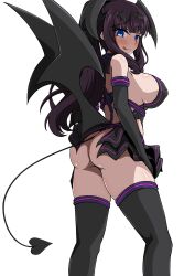Rule 34 | 1girl, :q, absurdres, aoi tabane, ass, bare shoulders, black gloves, black skirt, black thighhighs, black wings, blue eyes, blush, breasts, commission, cosplay, covered erect nipples, demon girl, demon tail, demon wings, elbow gloves, fake wings, from behind, gloves, head wings, highres, kouyoku senki exs-tia, large breasts, liberator (exs-tia), liberator azarin (exs-tia), liberator azarin (exs-tia) (cosplay), licking lips, long hair, looking at viewer, looking back, low wings, microskirt, new game!, pixiv commission, ponytail, purple hair, purple trim, revealing clothes, sideboob, sidelocks, simple background, skirt, smile, solo, standing, tail, takimoto hifumi, thighhighs, thong, tongue, tongue out, transparent background, variant set, white background, wings