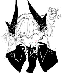 1girl absurdres closed_eyes das_(dan_dan) facing_viewer fate/grand_order fate_(series) greyscale hand_up highres horns long_hair monochrome ordeal_call_servant_(female) pointy_ears smile solo twintails