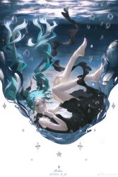 Rule 34 | 1girl, absurdres, air bubble, aqua eyes, aqua hair, bare arms, bare legs, bare shoulders, barefoot, bent back, black dress, black ribbon, bubble, character name, curled up, dated, dress, floating hair, full body, hair floating upwards, hair ribbon, hands up, hatsune miku, highres, legs up, long hair, looking at viewer, louade9, ribbon, shinkai shoujo (vocaloid), short dress, sleeveless, sleeveless dress, solo, twintails, underwater, very long hair, vocaloid, watermark, weibo watermark
