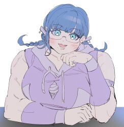 arm_on_table blue_eyes blue_hair blush braid drawstring food_print head_rest heart hood hoodie ice_cream_print medium_hair mojiro_moko muscular muscular_female open_mouth palme310 pink_hoodie simple_background sleeveless sleeveless_hoodie smile teeth the_hundred_line_-last_defense_academy- twin_braids upper_teeth_only white_background