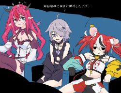 3girls animal_ears black_hair blue_eyes breasts chair chest_jewel cleavage collar detached_sleeves dress hair_ornament hakos_baelz hakos_baelz_(1st_costume) halo heterochromia hololive hololive_english horns irys_(hololive) irys_(irys_2.0)_(hololive) koseki_bijou koseki_bijou_(casual) long_hair mouse_ears mouse_girl multicolored_hair multiple_girls pointy_ears purple_eyes purple_hair ramphastostella red_hair short_hair skirt spiked_collar spikes streaked_hair thighhighs translation_request twintails very_long_hair virtual_youtuber white_dress white_hair